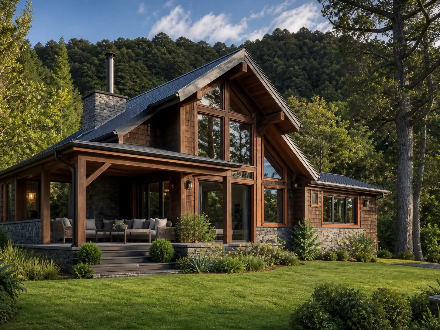 Casa aspiracional de madera y piedra inspirada en la arquitectura residencial de Villarrica y Pucón