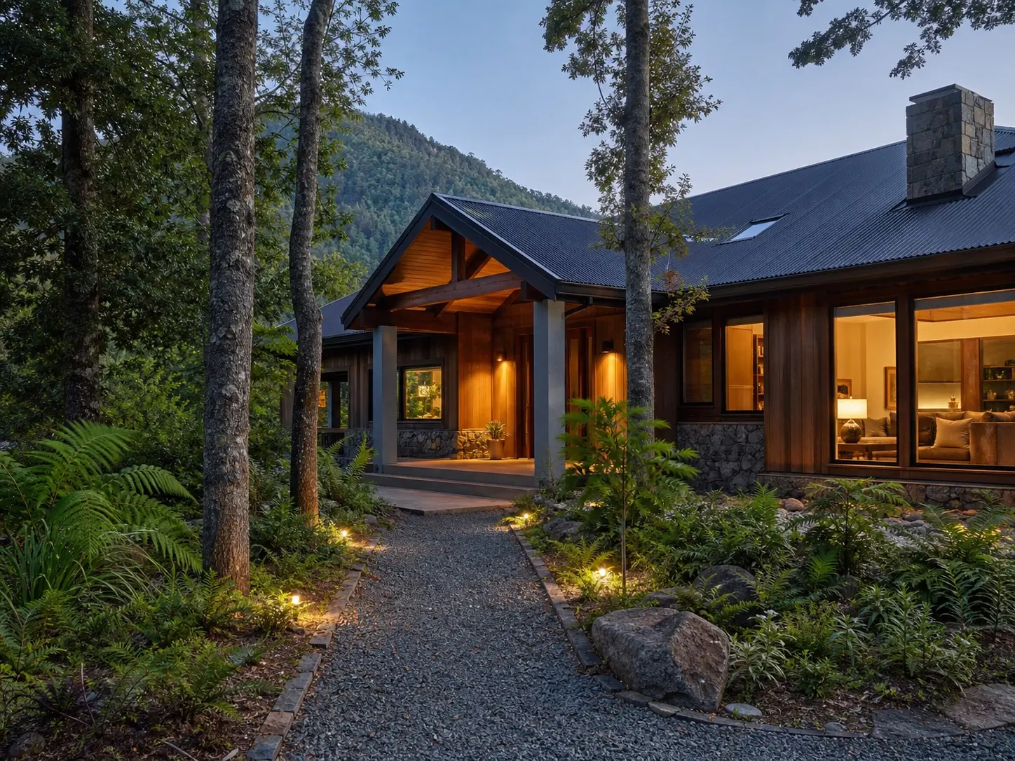 Casa aspiracional de madera en bosque nativo con acceso despejado, inspirada en Villarrica y Pucón